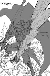 Rule 34 | cape, chicago-x, digimon, highres, monochrome, monster, no humans, sketch, sword, tactimon, weapon