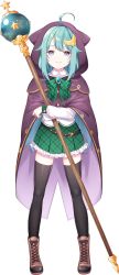 Rule 34 | 1girl, ahoge, artwhirl mahou gakuen no otome-tachi, black thighhighs, blue hair, boots, bow, bowtie, brown footwear, cape, crescent, crescent hair ornament, euni (artwhirl), frilled skirt, frills, full body, green bow, green bowtie, green skirt, hair ornament, highres, holding, holding staff, hood, long hair, long sleeves, looking at viewer, miniskirt, plaid, plaid bow, plaid bowtie, plaid skirt, pleated skirt, purple eyes, skirt, solo, staff, standing, star (symbol), star hair ornament, tachi-e, thighhighs, transparent background, zettai ryouiki