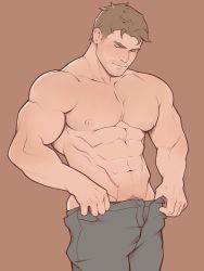 Rule 34 | 1boy, abs, bara, black pants, brown background, brown hair, chris redfield, closed mouth, closed eyes, facial hair, highres, large pectorals, male focus, miltonzheng, muscular, muscular male, navel, nipples, pants, pectorals, procreate (medium), resident evil, resident evil 5, short hair, simple background, solo