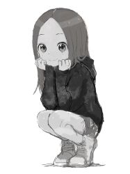 Rule 34 | 1girl, closed mouth, commentary request, forehead, full body, greyscale, hands up, highres, jacket, karakai jouzu no takagi-san, long hair, long sleeves, looking at viewer, monochrome, official art, parted bangs, shadow, shoes, short shorts, shorts, sleeves past wrists, smile, solo, squatting, takagi-san, tiptoes, white background, yamamoto souichirou