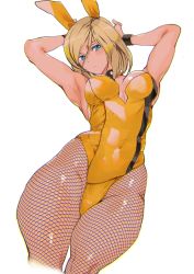 Rule 34 | 1girl, adapted costume, animal ears, armpits, arms behind head, arms up, ashiomi masato, blonde hair, blue eyes, blush, breasts, cleavage, closed mouth, covered navel, expressionless, fake animal ears, feet out of frame, fishnets, guilty gear, guilty gear xrd, hair between eyes, hip focus, leotard, long hair, looking at viewer, medium breasts, millia rage, no headwear, no headwear, pantyhose, playboy bunny, rabbit ears, simple background, solo, strapless, thick thighs, thighs, white background, yellow leotard