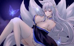 Rule 34 | 1girl, animal ear fluff, animal ears, azur lane, bare shoulders, blue butterfly, blue collar, breasts, bug, butterfly, cleavage, collar, feet out of frame, fox ears, fox girl, fox tail, highres, insect, japanese clothes, kimono, kitsune, knees together feet apart, kyuubi, large breasts, large tail, long hair, looking at viewer, mole, mole under eye, multiple tails, nanako94418108, off shoulder, pleated skirt, purple kimono, shinano (azur lane), skirt, solo, star (sky), tail, thighhighs, thighs, very long hair, white hair, white skirt, white tail, white thighhighs