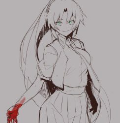 Rule 34 | 1girl, aqua eyes, blood, blood on hands, breasts, closed mouth, feet out of frame, ff frbb122, highres, higurashi no naku koro ni, jacket, long hair, looking at viewer, medium breasts, monochrome, necktie, open clothes, open jacket, ponytail, shirt, skirt, smile, solo, sonozaki mion, standing