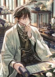 Rule 34 | 1boy, absurdres, beads, black hair, book, book stack, brown hair, calligraphy brush, candle, chinese clothes, closed mouth, duijin ruqun, earrings, flower, hair between eyes, hakama, highres, holding, incense burner, indoors, ink, japanese clothes, jewelry, jiaoling ruqun, long sleeves, looking at viewer, male focus, necklace, paintbrush, paper, pen, pine tree, prayer beads, scroll, short hair, sitting, solo, suzaku (zaku6584), tree, vase, white flower, wide sleeves, yellow eyes