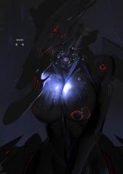 Rule 34 | 1girl, absurdres, black bodysuit, bodysuit, breasts, cleavage, glowing, helmet, highres, impossible bodysuit, impossible clothes, large breasts, mecha musume, original, science fiction, shizuoxing kof, skin tight, solo, text background, wet