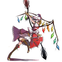 Rule 34 | 1girl, absurdres, adapted costume, alternate costume, blonde hair, boots, bow, cross-laced footwear, dress, embodiment of scarlet devil, female focus, flandre scarlet, full body, gloves, hair over one eye, hat, hat bow, highres, knee boots, lace-up boots, large bow, maz (fanxuying), open mouth, red eyes, short hair, simple background, solo, standing, standing on one leg, touhou, wings