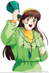 Rule 34 | 1990s (style), 1996, 1girl, backwards hat, brown eyes, brown hair, clenched hand, copyright notice, dated, facepaint, hat, highres, holding, hood, hood down, long hair, long sleeves, open mouth, pc engine fan, retro artstyle, simple background, solo, takada akemi, track suit, whistle, whistle around neck, white background