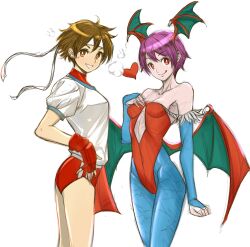 2girls arm_at_side ass blue_pantyhose breasts bright_pupils brown_eyes brown_hair buruma capcom clothing_cutout company_connection crossover darkstalkers elbow_gloves fingerless_gloves gloves grin hairband head_wings heart highres kasugano_sakura leotard licking_lips lilith_(darkstalkers) low_wings multiple_girls pantyhose purple_hair red_eyes red_gloves red_leotard shirt short_hair small_breasts smile street_fighter tongue tongue_out white_background white_hairband white_pupils white_shirt wings xfiro