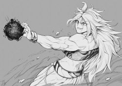 Rule 34 | 1girl, absurdres, android 21, bandeau, biceps, bracelet, collar, dragon ball, dragon ball super, energy ball, from behind, greyscale, grin, highres, jewelry, long hair, monochrome, muscular, muscular female, pants, puffy pants, smile, solo, speedl00ver, wide-eyed