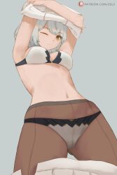 Rule 34 | 1girl, animal ears, breasts, cat ears, cleavage, clothes lift, commentary, from below, gluteal fold, grey background, grey hair, highres, lifting own clothes, mio (xenoblade), panties, panties under pantyhose, pantyhose, shirt lift, short hair, simple background, solo, underwear, undone skirt, undressing, xenoblade chronicles (series), xenoblade chronicles 3, zelc-face