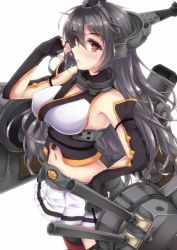 Rule 34 | 10s, 1girl, bad id, bad pixiv id, bare shoulders, black hair, breasts, fingerless gloves, gloves, kantai collection, large breasts, long hair, marisasu (marisa0904), midriff, nagato (kancolle), navel, personification, red eyes, simple background, solo, very long hair, white background