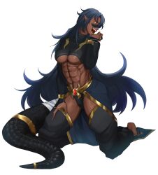 Rule 34 | abs, absurdres, ankh, barefoot, black tail, blue hair, chain, crocodilian tail, cuffs, dark blue hair, earrings, egyptian clothes, egyptian mythology, genderswap, glowing, glowing eyes, gold chain, gold earrings, highres, indie virtual youtuber, itaru (kidomh63), jewelry, kneeling, muscular, non-web source, ring, seto sobek (vtuber), skin tight, sobek (mythology), sobekvt, tail, tail ornament, toeless legwear, transparent background, virtual youtuber, yellow eyes