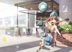 Rule 34 | 1girl, acoustic guitar, aqua eyes, aqua hair, backpack, bad id, bad pixiv id, bag, blurry, blurry foreground, brick wall, bush, cat, ceiling fan, coffee, commentary, crossed legs, cup, day, english commentary, full body, guitar, hatsune miku, highres, huge filesize, instrument, lens flare, long hair, music, outdoors, paper, petals, plaid, plaid shirt, playing instrument, red shirt, scenery, shadow, sheet music, shirt, shoes, shop, shorts, sign, sitting, smile, sneakers, star (symbol), sunlight, symbol-only commentary, twintails, very long hair, vocaloid, wide shot, zhenyuann