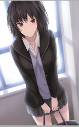 Rule 34 | 1girl, amagami, backlighting, bag, black cardigan, black hair, black sailor collar, black skirt, blush, brown eyes, cardigan, closed mouth, collarbone, commentary, cowboy shot, dress shirt, dutch angle, grey sweater, hair between eyes, highres, holding, holding bag, indoors, kanpyou (hghgkenfany), kibito high school uniform, letterboxed, looking at viewer, nanasaki ai, open cardigan, open clothes, pleated skirt, raised eyebrows, sailor collar, school bag, school uniform, shirt, short hair, skirt, smile, solo, sweater, v arms, white shirt, window