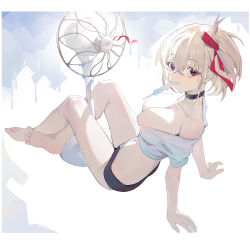 Rule 34 | 1girl, absurdres, barefoot, black choker, black shorts, blonde hair, bob cut, breasts, cai bi, choker, cleavage, crop top, crossed ankles, electric fan, food in mouth, from side, hair ribbon, highres, hot, large breasts, leaning back, legs, looking at viewer, looking to the side, lycoris recoil, micro shorts, nishikigi chisato, off shoulder, popsicle, popsicle in mouth, red eyes, red ribbon, ribbon, shirt, short hair, shorts, sitting, skindentation, solo, sweat, thighs, wet, white shirt