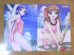 Rule 34 | 00s, 2girls, :d, against wall, amamiya momona, armpits, arms behind back, ass, back, beach, bikini, bikini skirt, blindfold, blue eyes, blue hair, blush, breasts, brown hair, casual one-piece swimsuit, cleavage, cloud, copyright name, day, feet, floral print, food, from side, fruit, green eyes, hair ornament, hair ribbon, hairclip, happoubi jin, highres, holding, koromogae maya, large breasts, light smile, logo, long hair, multiple girls, ocean, official art, one-piece swimsuit, one side up, open mouth, outdoors, palm tree, photo (medium), print swimsuit, resized, resort boin, ribbon, sandals, shadow, shinai, short hair, sideboob, skindentation, sky, small breasts, smile, squatting, standing, striped bikini, striped clothes, striped one-piece swimsuit, suikawari, swept bangs, swimsuit, sword, tiptoes, tree, v arms, water, watermelon, weapon, wooden floor