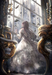 Rule 34 | 1girl, animal, backless dress, backless outfit, bare shoulders, bird, blurry, blurry foreground, brown hair, cathedral, closed mouth, commentary request, depth of field, dress, floating hair, grey dress, hair between eyes, hand up, highres, indoors, long hair, long sleeves, missile228, original, profile, puffy long sleeves, puffy sleeves, purple eyes, sleeves past wrists, solo, very long hair, window
