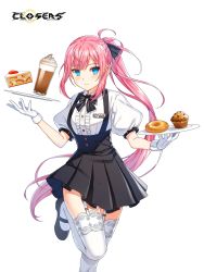Rule 34 | 1girl, black skirt, blue eyes, bow, bowtie, cake, cake slice, closed mouth, closers, cupcake, doughnut, food, garter straps, gloves, high-waist skirt, highres, leg up, long hair, looking at viewer, maid, mary janes, miniskirt, official art, pink hair, plate, pleated skirt, ponytail, puffy short sleeves, puffy sleeves, seulbi lee, shirt, shoes, short sleeves, sidelocks, skirt, solo, suspender skirt, suspenders, sweat, thighhighs, very long hair, white gloves, white shirt, white thighhighs, zettai ryouiki
