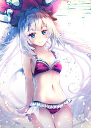 Rule 34 | 1girl, air bubble, arm behind back, bikini, blue eyes, breasts, collarbone, cowboy shot, fate/grand order, fate (series), frilled bikini, frills, gluteal fold, hat, holding, long hair, looking at viewer, marie antoinette (fate), navel, small breasts, smile, solo, swimsuit, twintails, underwater, white hair, yan (nicknikg)