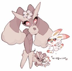 1girl :d :o animal_ears animal_hands animal_nose black_sclera body_fur brown_fur colored_sclera creatures_(company) flower full_body furry furry_female game_freak gen_4_pokemon gen_8_pokemon highres looking_at_another lopunny masayo_(skip) nintendo open_mouth orange_fur pokemon pokemon_(creature) rabbit_ears rabbit_girl rabbit_tail red_eyes scorbunny simple_background smile standing tail teeth two-tone_fur white_background white_flower white_fur yellow_fur