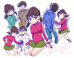 Rule 34 | 10s, 1boy, 1girl, back, bathrobe, black hair, blush, bodysuit, bow, breasts, brown eyes, brown hair, buttons, chestnut mouth, cleavage, clenched hand, closed eyes, coat, double-breasted, eyebrows, fish costume, flower, green skirt, hair bow, hairband, hand on own cheek, hand on own face, heart, heart in mouth, high heels, highres, hood, hood down, hoodie, jewelry, long sleeves, low twintails, matsuno karamatsu, medium breasts, miniskirt, motion lines, multiple views, necklace, osomatsu-kun, osomatsu-san, osomatsu (series), pink footwear, pink shirt, plaid, plaid skirt, punching, shirt, shoes, short twintails, simple background, sitting, skirt, spread legs, standing, tearing up, turtleneck, twintails, ubizo, wariza, white background, yellow bow, yowai totoko
