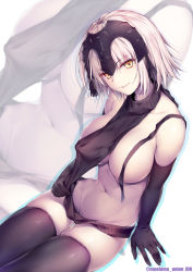 Rule 34 | &gt;:), 1girl, areola slip, arm at side, arm support, backless dress, backless outfit, bare shoulders, black gloves, black sweater, black thighhighs, blonde hair, breasts, collarbone, convenient censoring, covered erect nipples, cowboy shot, dress, elbow gloves, eyelashes, fate/grand order, fate (series), gloves, groin, hair between eyes, halterneck, headpiece, highres, hip focus, jeanne d&#039;arc (fate), jeanne d&#039;arc alter (avenger) (fate), jeanne d&#039;arc alter (fate), large breasts, looking at viewer, loose clothes, meme attire, naked sweater, navel, obiwan, parted lips, ribbed sweater, shadow, short hair, sitting, skindentation, smile, solo, stomach, sweater, sweater dress, thigh gap, thighhighs, thighs, turtleneck, turtleneck sweater, twitter username, undersized clothes, untied, v-shaped eyebrows, virgin killer sweater, yellow eyes, zoom layer, ||/