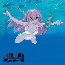 Rule 34 | 1girl, album, album art, album cover, album cover redraw, asphyxiation, banknote, barefoot, bikini, blue eyes, bocchi the rock!, breasts, cleavage, cover, cube hair ornament, derivative work, diving, fishing hook, gotoh hitori, hair ornament, hook, large breasts, long hair, money, navel, nevermind, nirvana (band), non-web source, open mouth, pink hair, pool, submerged, swimming, swimsuit, underwater, very long hair, water, white bikini