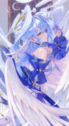 Rule 34 | 1girl, absurdres, ai dongdong, arm up, bare shoulders, blue hair, blue sleeves, breasts, crescent moon, detached sleeves, dress, from side, gloves, green eyes, hair over shoulder, half updo, halo, hand up, head wings, highres, honkai: star rail, honkai (series), long hair, looking ahead, medium breasts, moon, night, parted lips, robin (honkai: star rail), short sleeves, sidelocks, solo, sparkle, strapless, strapless dress, upper body, white dress, white gloves, white wings, wings