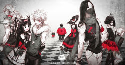Rule 34 | 1girl, 6+boys, alluka zoldyck, alternate costume, alternate hairstyle, arm belt, back, bad id, bad pixiv id, bald, bare shoulders, belt, black dress, black eyes, black hair, black pants, black ribbon, bow, bracelet, brother and sister, brothers, chain, checkered floor, chess piece, choker, colored skin, cross, cross necklace, crossover, crown, dress, empty eyes, english text, facial hair, family, flower, folding fan, fur trim, grey eyes, hair ornament, hairband, hairclip, hand fan, hands in pockets, hat, highres, holding, hood, hoodie, hunter x hunter, illumi zoldyck, jewelry, kalluto zoldyck, kikyou zoldyck, killua zoldyck, kinokohime, kinokohime (mican02rl), long hair, long sleeves, looking at viewer, maha zoldyck, mask, milluki zoldyck, multiple boys, muscular, necklace, pants, pantyhose, red bow, red pants, red skirt, ribbon, rose, scarf, short hair, shoulder spikes, siblings, silva zoldyck, skirt, skull, skull necklace, sleeveless, spiked bracelet, spikes, standing, text focus, torn clothes, transparent, trap, two side up, very long hair, white hair, white pants, white skin, zeno zoldyck