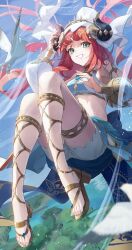 Rule 34 | 1girl, absurdres, aqua eyes, bare shoulders, bird, blue sky, bracer, breasts, brooch, circlet, commentary, dancer, detached sleeves, dove, fake horns, feet, floating hair, full body, genshin impact, ginlear, gladiator sandals, grin, harem outfit, highres, horns, jewelry, knees up, legs, long hair, long sleeves, looking at viewer, nail polish, neck ring, nilou (genshin impact), outdoors, parted bangs, puffy long sleeves, puffy sleeves, red hair, sandals, skirt, sky, small breasts, smile, solo, stomach, tareme, teeth, thighlet, thighs, toenail polish, toenails, toes, twintails, veil, white veil
