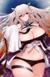 Rule 34 | 1girl, anchorage (azur lane), azur lane, bare shoulders, bikini, black bikini, blurry, blurry background, blush, breasts, brown hair, cleavage, closed mouth, curvy, hachimitsu hinako, hair ornament, highres, large breasts, long hair, long sleeves, looking at viewer, midriff, navel, purple eyes, smile, solo, swimsuit, thighs, twintails, wide hips