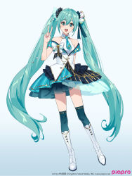 Rule 34 | 1girl, aqua eyes, aqua hair, aqua necktie, artist name, breasts, copyright notice, full body, gradient background, halterneck, hatsune miku, highres, kamo kamen, long hair, matching hair/eyes, miniskirt, nail polish, necktie, off shoulder, official art, red nails, skirt, small breasts, solo, thighhighs, twintails, v, very long hair, vest, vocaloid, watermark, web address, white vest