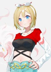 Rule 34 | 1girl, blonde hair, blue eyes, bow, bow hairband, breasts, closed mouth, collarbone, commentary, creatures (company), cropped shirt, game freak, hair bow, hairband, hand on own hip, highres, hisuian zoroark, irida (pokemon), irida (special costume) (pokemon), medium breasts, midriff, navel, nintendo, pokemon, pokemon (creature), pokemon masters ex, red shirt, shirt, short hair, simple background, two-tone shirt, white background, white bow, white hairband, white shirt, yosame0a