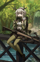 Rule 34 | 1girl, absurdres, antlers, arknights, arrow (projectile), black footwear, black gloves, black skirt, bow (weapon), breasts, bridge, commentary request, covered mouth, crossbow, day, firewatch (arknights), forest, full body, gloves, green jacket, green pantyhose, grey hair, hands up, highres, holding, horns, jacket, long sleeves, nature, ndtwofives, on railing, open clothes, open jacket, outdoors, pantyhose, pleated skirt, ponytail, railing, reindeer antlers, revision, river, scope, shirt, shoes, sitting, skirt, small breasts, solo, twitter username, water, waterfall, weapon, white shirt