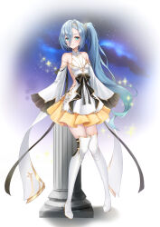 Rule 34 | 1girl, 37 (reverse:1999), absurdres, aqua eyes, bare shoulders, black bow, black thighhighs, blue hair, boots, bow, breasts, caba (caba091), closed mouth, detached sleeves, dress, full body, gold trim, hair between eyes, high heel boots, high heels, highres, long hair, long sleeves, looking at viewer, pleated skirt, reverse:1999, see-through, see-through sleeves, side ponytail, sideless outfit, skirt, sleeves past fingers, sleeves past wrists, small breasts, smile, solo, thigh boots, thighhighs, thighs, very long hair, white dress, white footwear, white thighhighs, yellow skirt, zettai ryouiki