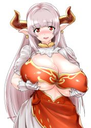 Rule 34 | 10s, 1girl, alicia (granblue fantasy), blush, breast hold, breasts, cleavage, demon girl, dress, earrings, covered erect nipples, female focus, gloves, granblue fantasy, horns, huge breasts, jewelry, long hair, long skirt, looking at viewer, open mouth, pointy ears, red eyes, silver hair, simple background, skirt, smile, solo, standing, tachikawa negoro, underboob, upper body, very long hair, white background, white gloves