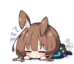 Rule 34 | 1girl, amiya (arknights), animal ear fluff, animal ears, arknights, beni shake, black jacket, black pantyhose, blush, brown hair, chibi, closed eyes, closed mouth, commentary request, facing viewer, full body, jacket, long hair, long sleeves, lying, on stomach, pantyhose, pout, rabbit ears, shadow, signature, solo, very long hair, white background