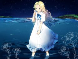 Rule 34 | 10s, 1girl, barefoot, blonde hair, clothes grab, dress, flower, highres, houmatsu musume, index finger raised, long hair, looking at viewer, marnie (omoide no marnie), night, night sky, omoide no marnie, puffy short sleeves, puffy sleeves, ribbon, short sleeves, sky, solo, star (sky), starry sky, wading, walking, water, white dress
