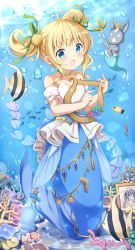 Rule 34 | 1girl, :d, absurdres, air bubble, animal, bare shoulders, blonde hair, blue eyes, bottle, bubble, choker, collarbone, commentary request, coral, crown, day, detached sleeves, fish, gochuumon wa usagi desu ka?, green choker, green ribbon, hair ribbon, harp, highres, instrument, kirima syaro, looking at viewer, mermaid, mini crown, monster girl, monsterification, seafloor, open mouth, outdoors, polearm, puffy short sleeves, puffy sleeves, rabbit, ribbon, scar, scar across eye, scar on face, seashell, shell, short sleeves, sidelocks, smile, stick jitb, strapless, tedeza rize, trident, twintails, underwater, water, weapon, white sleeves, wild geese