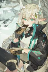 Rule 34 | 1girl, blonde hair, blush, candy, chocolate, chocolate bar, eating, elf, food, gloves, green eyes, hair ornament, hairclip, jacket, kuzuvine, long hair, long sleeves, looking at viewer, lord of heroes, olivia pavlichenko, open mouth, pale skin, pointy ears
