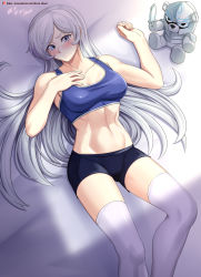 Rule 34 | 1girl, abs, absurdres, artist name, bed, blue eyes, blush, breasts, cleavage, collarbone, highres, long hair, looking at viewer, lying, medium breasts, midriff, midriff peek, navel, on back, rwby, scar, shorts, solo, sports bra, stomach, stuffed animal, stuffed toy, teddy bear, thighhighs, toned, vilde loh hocen, watermark, web address, weiss schnee, white hair, white thighhighs