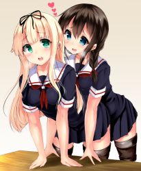 Rule 34 | 10s, 2girls, arm support, bare arms, bent over, black hair, blonde hair, blue eyes, blush, braid, breath, female focus, green eyes, hair ribbon, heart, implied sex, kantai collection, long hair, looking at another, moaning, mokufuu, multiple girls, open mouth, ribbon, school uniform, serafuku, sexually suggestive, shigure (kancolle), short sleeves, thighhighs, yuri, yuudachi (kancolle)