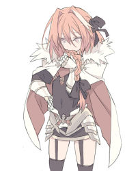 Rule 34 | 1boy, astolfo (fate), black bow, blade (galaxist), bow, braid, cape, covered navel, covering own mouth, cowboy shot, fate/apocrypha, fate (series), fur cape, fur trim, garter straps, gauntlets, hair bow, hand on own hip, holding, holding own hair, male focus, multicolored hair, pink hair, simple background, single braid, solo, streaked hair, thighhighs, trap, white background, white cape