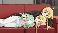 Rule 34 | 2girls, ahoge, architecture, black pants, black shirt, blonde hair, blurry, blurry background, bocchi the rock!, chestnut mouth, couch, depth of field, dot nose, dress, expressionless, green jacket, head on pillow, head rest, holding another&#039;s finger, ijichi nijika, ijichi seika, jacket, long hair, long sleeves, looking at viewer, lying, mm (mm chair), multiple girls, on couch, on side, pants, red eyes, shirt, siblings, side ponytail, sisters, sleeves past wrists, v-shaped eyebrows, white dress