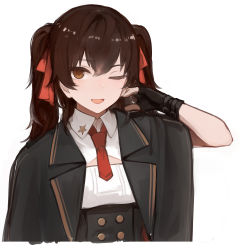 Rule 34 | 1girl, black gloves, black jacket, brown eyes, brown hair, cropped torso, fingerless gloves, girls&#039; frontline, gloves, hair ribbon, hand in own hair, highres, jacket, long hair, looking at viewer, necktie, one eye closed, open mouth, rampart1028, red necktie, red ribbon, ribbon, shirt, smile, solo, twintails, type 97 (girls&#039; frontline), upper body, white background, white shirt
