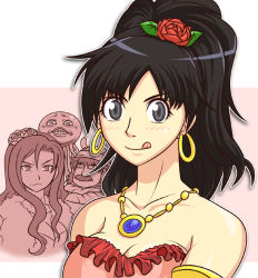 Rule 34 | 2boys, 2girls, angry, bare shoulders, black eyes, black hair, blush, breasts, clenched teeth, deborah (dq5), dragon quest, dragon quest v, dress, earrings, flower, hair flower, hair ornament, hero&#039;s daughter (dq5), hero (dq5), healslime, jewelry, long hair, mole, monochrome, mother and daughter, multiple boys, multiple girls, necklace, aged up, rose, strapless, strapless dress, teeth, tonda, tongue