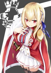 Rule 34 | 1girl, arms under breasts, azur lane, badge, black legwear, blonde hair, blue ribbon, braid, breasts, cape, epaulettes, french braid, fur trim, garter belt, garter straps, hair between eyes, hair ribbon, hand on own chest, highres, king george v (azur lane), large breasts, long hair, looking at viewer, red eyes, ribbon, royal navy emblem (azur lane), side braid, single braid, skirt, smile, solo, striped clothes, striped skirt, sword, tacyon3, weapon