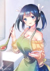 Rule 34 | 10s, 1girl, alternate costume, apron, blue eyes, blue hair, blue skirt, breasts, cleavage, cooking, emia wang, food, hair ribbon, holding, holding spoon, kantai collection, kitchen, ladle, large breasts, open mouth, pot, ribbon, skirt, solo, soup, souryuu (kancolle), spoon, sweater, table, twintails, twitter username, yellow sweater