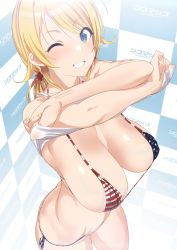 Rule 34 | 1girl, absurdres, american flag bikini, bare shoulders, bikini, blonde hair, blue eyes, blush, breasts, camisole, cleavage, clothes lift, collarbone, flag print, grin, hachimiya meguru, highres, hip focus, idolmaster, idolmaster shiny colors, large breasts, long hair, looking at viewer, low twintails, micro bikini, one eye closed, q (ed69), shiny skin, shirt lift, smile, solo, standing, step and repeat, swimsuit, thighs, twintails, veins, veiny breasts, white camisole