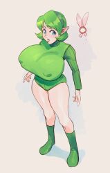 Rule 34 | aged up, blue eyes, breasts, brellom, green hair, highres, huge breasts, large breasts, nintendo, pointy ears, saria (zelda), short hair, the legend of zelda, the legend of zelda: ocarina of time